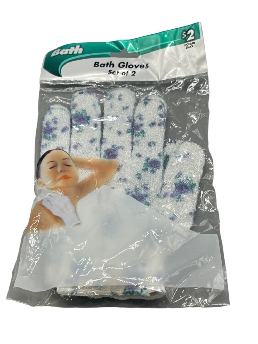 Bath gloves set of 2 floral green purple length 7.5" width 5" new in package